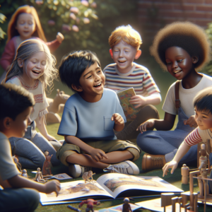 A photo realistic reading playing laughing children